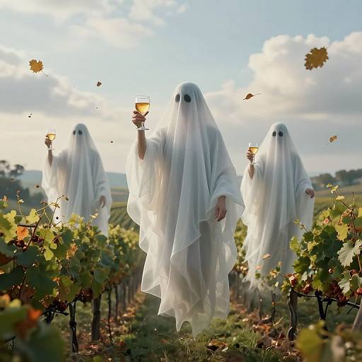 Photograph of four ghostly figures in white sheets with black eyes, holding chalices, standing in a vineyard with autumn leaves.