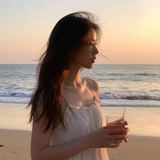 Photograph of a young woman with long, wet, dark hair in a white, spaghetti-strap sundress, holding a glass of orange drink at