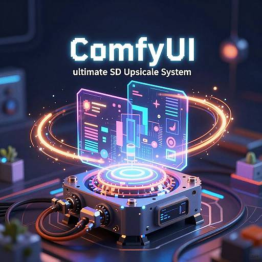 Digital artwork of a glowing, futuristic control unit with neon blue and pink screens, surrounded by circular light trails, labeled 