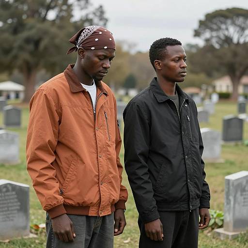 Two men standing in a cemetery