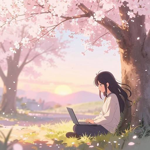 Anime-style digital drawing of a girl with long black hair, wearing a white blouse, sitting under a cherry blossom tree, typing on a laptop with soft