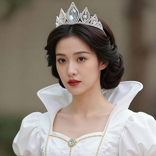 Photograph of an East Asian woman with fair skin, black wavy hair, wearing a silver tiara, red lipstick, and a white, p