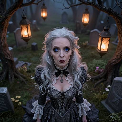 Photorealistic digital art: Pale-skinned, blue-eyed woman with long white hair, gothic dress, and dark lipstick stands in a foggy