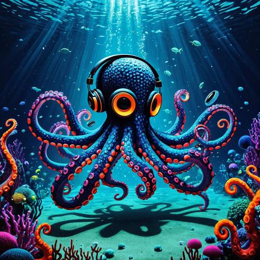 Dancing Octopus with Headphones Underwater
