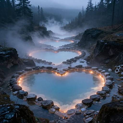 Photograph of a misty, volcanic hot spring with glowing edges, surrounded by rocks, in a forested, mountainous landscape at dawn.