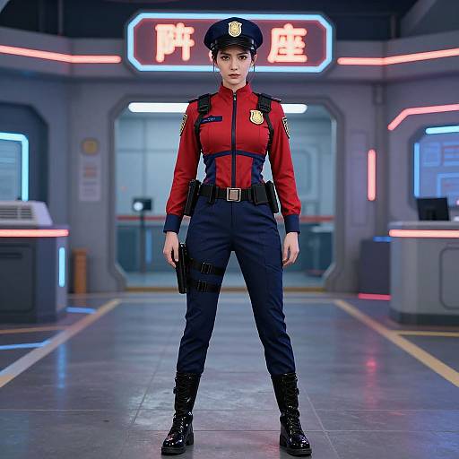 Digital artwork of a stern, female police officer in red uniform, black pants, and hat, standing in futuristic, neon-lit police station.