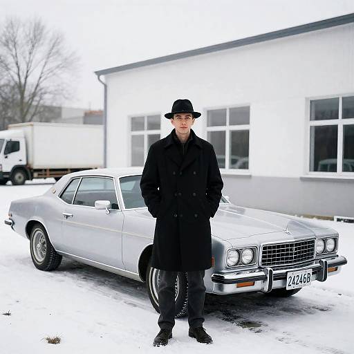 Mysterious Man in Urban Winter Scene