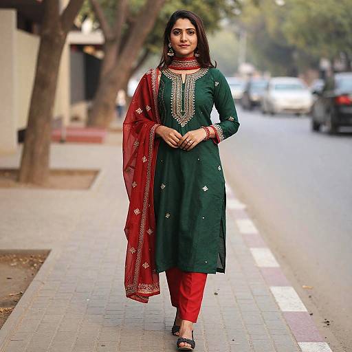 Woman in Green and Red Shalwar Kameez
