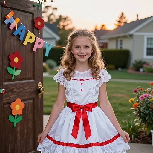 Photograph of a smiling young girl with blonde curls in a white dress with red ribbon, standing at a wooden door with colorful 