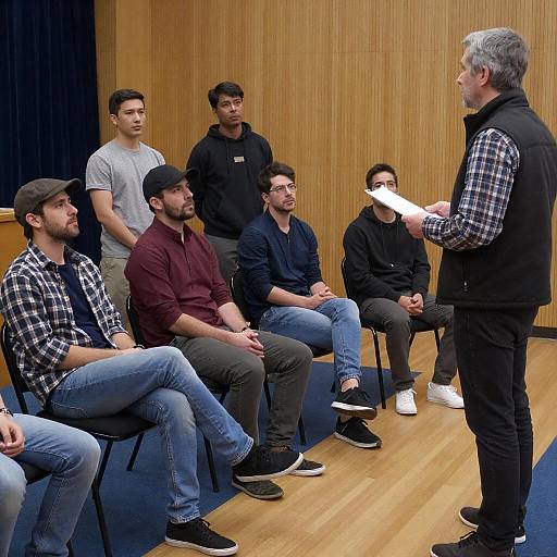 Man speaking to group in wood-paneled room
