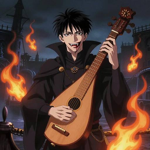 Anime-style digital artwork of a dark-haired male musician with a gothic cloak, playing a lute amid fiery flames, under a stormy night sky