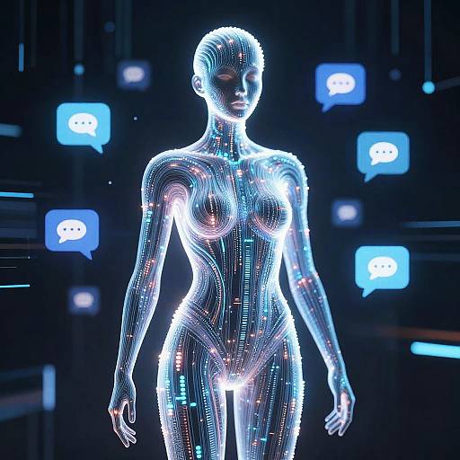Digital CGI of a glowing, nude, cybernetic woman with neon blue lights and speech bubbles, standing in a dark, futuristic background.
