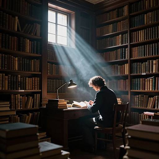 Photograph of a person with curly hair, sitting in a dimly lit library, writing under a bright window with rays of sunlight streaming in, surrounded