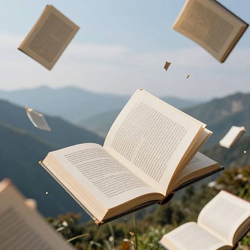 Photograph of open books floating in mid-air against a mountainous, sunny background, with pages and covers suspended in sunlight.