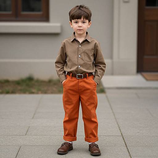 Photograph of a young boy with dark hair, wearing a brown shirt, orange pants, black belt, and brown shoes, standing on a gray sidewalk