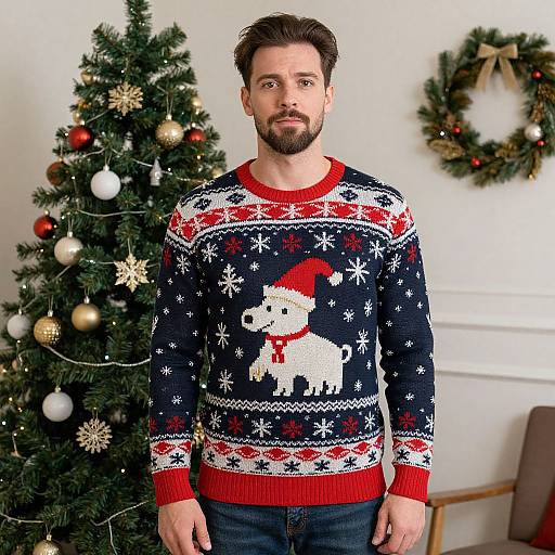 Photograph of a bearded man with dark hair, wearing a festive navy sweater with a white Santa Pug design, standing in front of a decorated