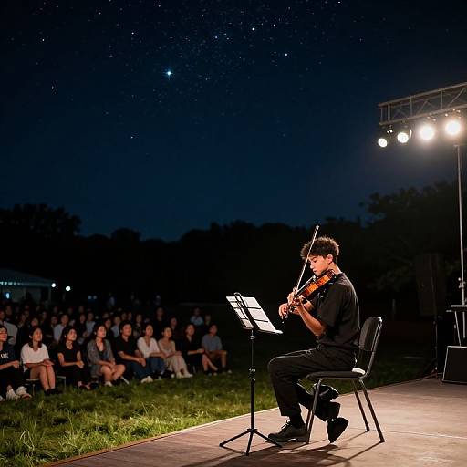 Photograph: Male violinist in black shirt and pants, playing under starry night sky, illuminated stage, seated on chair, crowd in background.