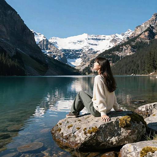 Photograph of a woman with long brown hair, wearing a white sweater and gray pants, sitting on a rock by a serene mountain lake, with snow