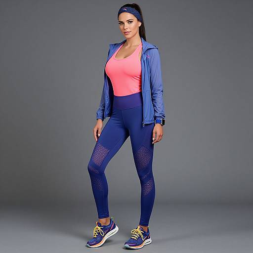 Photograph of a fit woman with long dark hair in a headband, wearing a pink tank top, blue jacket, and navy patterned leggings,