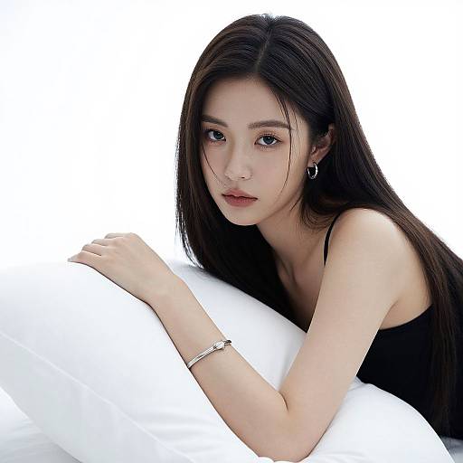 Photograph of an Asian woman with long black hair, wearing a black tank top, hoop earrings, and a silver bracelet, leaning on a white pillow
