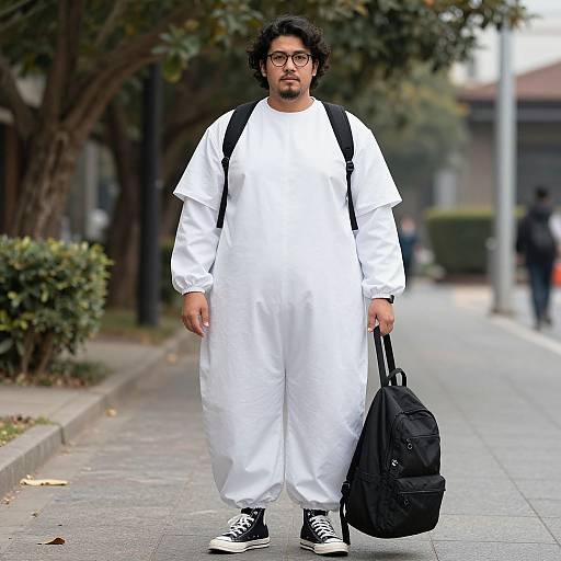 Photograph of a South Asian man with curly hair, glasses, and beard, wearing a loose white outfit, black backpack, and black sneakers, walking