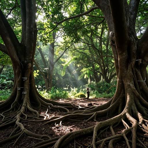 Photograph of a lush forest with tall, thick-trunked trees, sunlight filtering through dense green foliage, and intricate roots sprawling across the dark,