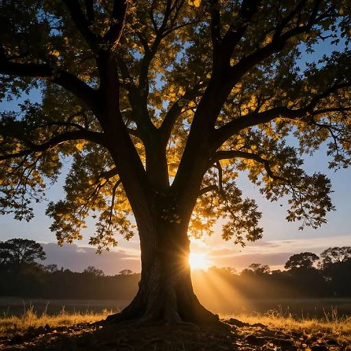 Photograph of a large, silhouetted tree with sun rays piercing through its branches at sunset, casting a golden glow on the grassy field