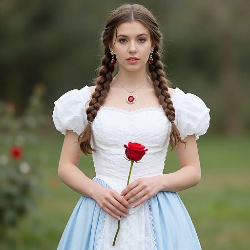 Photograph of a young woman with long brown braids, wearing a white puffed-sleeve dress and light blue skirt, holding a red rose