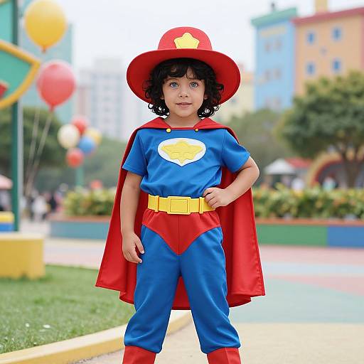 Photograph of a curly-haired toddler in a Superman costume, red hat, blue shirt, red cape, yellow belt, and red boots, standing in
