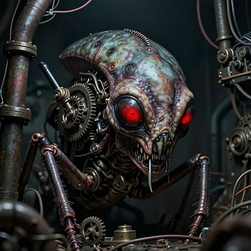 Photorealistic CGI of a cybernetic, grotesque humanoid with a mottled, iridescent skull, red glowing eyes, and mechanical