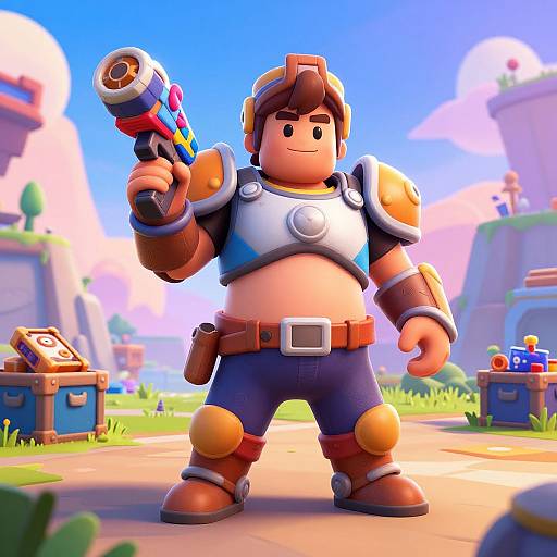 Colorful CGI of a muscular, cartoonish, adventurer in orange helmet, blue armor, holding a colorful gun, standing on a sunny path.