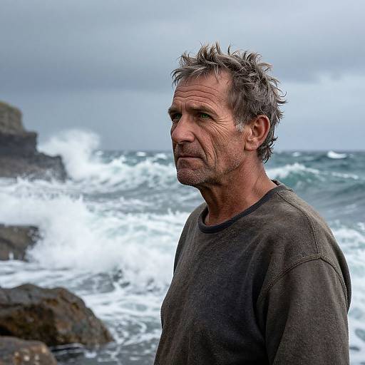 Photograph of a weathered, middle-aged man with messy gray hair and stubble, wearing a dark shirt, standing against a stormy ocean backdrop