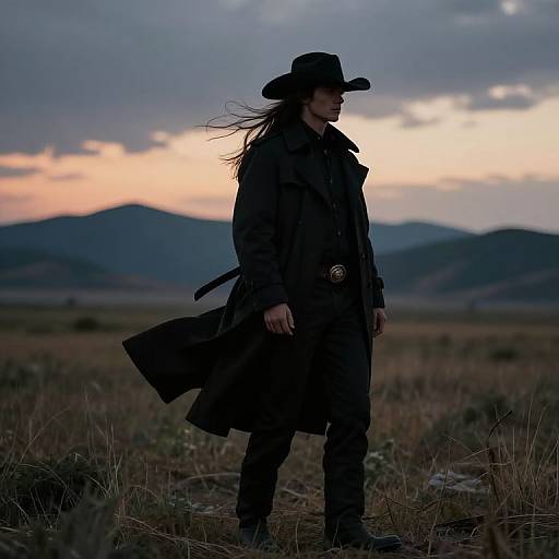 Photograph: Silhouetted cowboy with long hair, black hat, coat, and boots stands in a grassy field at sunset, mountains in
