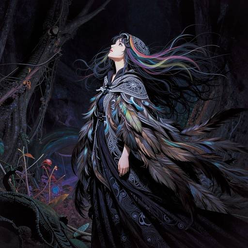 Digital fantasy artwork of a pale woman with long, flowing black hair and multicolored feathers, wearing an ornate, dark cloak, standing in a