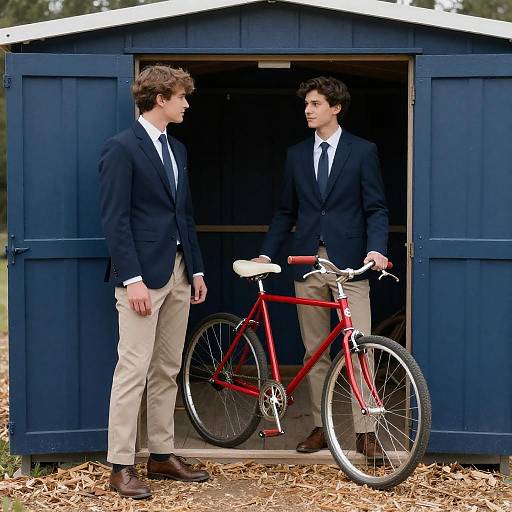 Two Men in Formal Attire by Shed