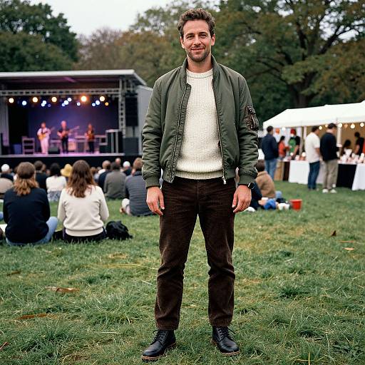 Photograph of a smiling man with short dark hair, wearing a green jacket, white sweater, brown pants, and black boots, standing on grass at