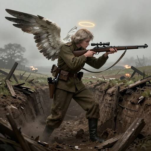 Digital art: Angelic soldier with wings and halo, aiming rifle from trench amid war-torn battlefield, with explosions in misty background.