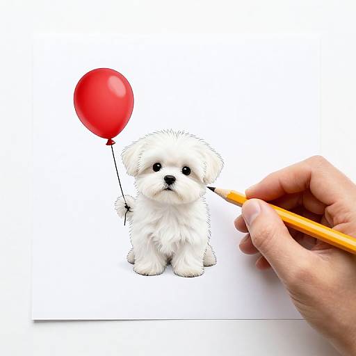 Photograph of a fluffy white puppy with black eyes, holding a red balloon, drawn on white paper with a hand holding a yellow pencil.