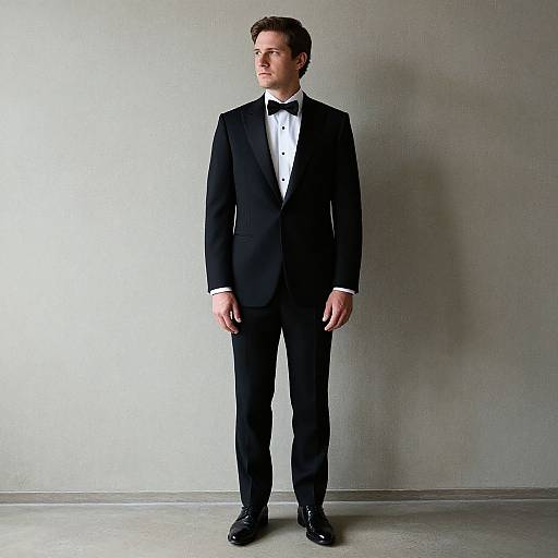Photograph of a tall, Caucasian man with short brown hair, wearing a black tuxedo, white dress shirt, black bow tie, and black