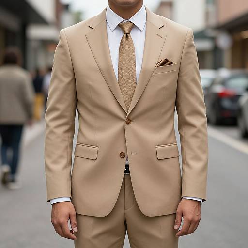 Photograph of a man in a beige suit, white shirt, and gold tie, standing on a city street with blurred background.