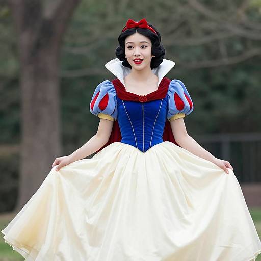 Photograph of an Asian woman in a Disney Snow White costume, standing outdoors with a blurred forest background, smiling, holding her yellow skirt.