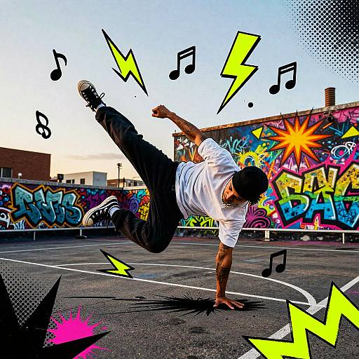Photograph of a tattooed man in a white shirt and black pants, performing a dynamic kick in a graffiti-covered parking lot with musical notes and yellow