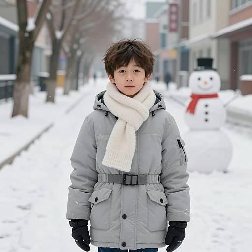 Boy in Winter Coat Standing on Snowy Street