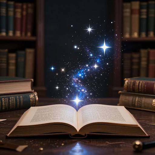 Photograph of an open book on a dark wooden table, surrounded by stacked books, with magical blue and white starlight emanating from the pages.