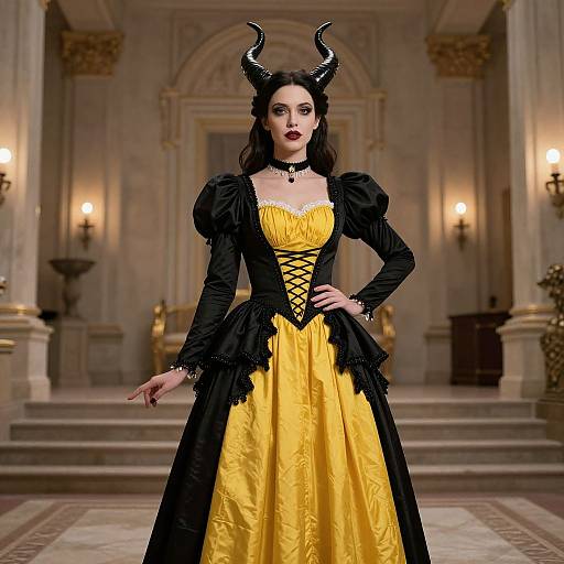 Photograph of a dark-haired woman in a yellow and black gothic ball gown with black horns, standing in an opulent, classical-style hallway with