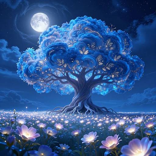 Magical night scene: luminous blue tree with glowing leaves under a full moon, surrounded by sparkling flowers in a starry field. Digital art.