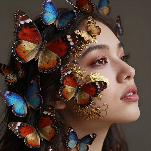 Photograph of a woman with dark hair, blue and orange butterflies, and gold floral patterns on her face, looking upward.