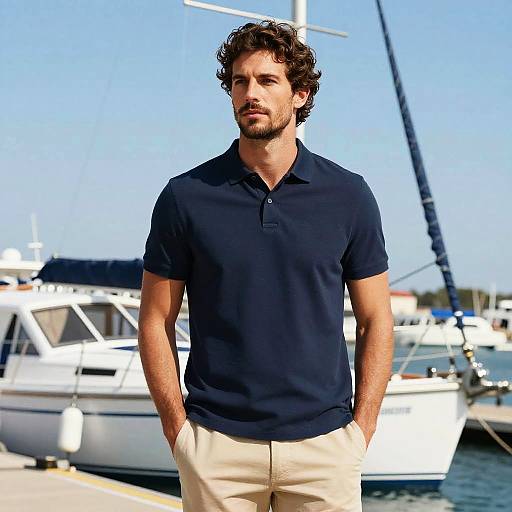 Photograph of a handsome, curly-haired man with a beard, wearing a navy polo and beige pants, standing on a sunny marina with white boats