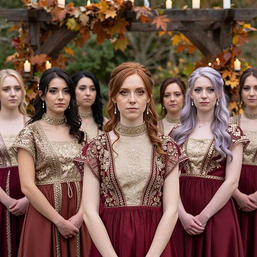 Photograph of seven young women with fair skin, wearing golden and burgundy medieval-style dresses, standing in front of a wooden arch adorned with autumn leaves
