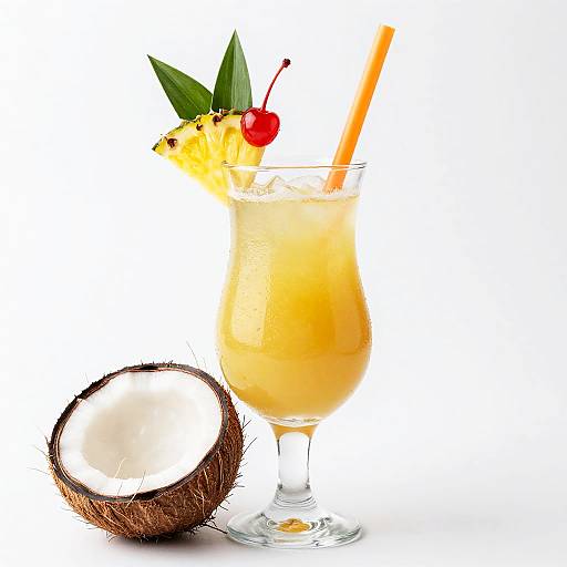 Photograph of a tropical cocktail with yellow drink, orange straw, cherry, pineapple wedge, and leaves, beside a halved coconut.